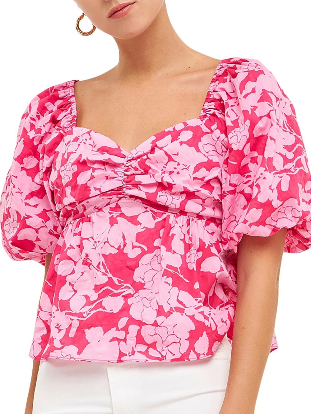English Factory Hot Pink and Light Pink Floral Puff Sleeve Top